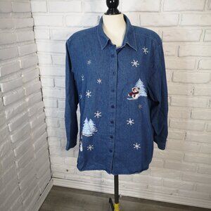 Penningtons Ladies Size 2X Winter Themed Button Front Jean Shirt